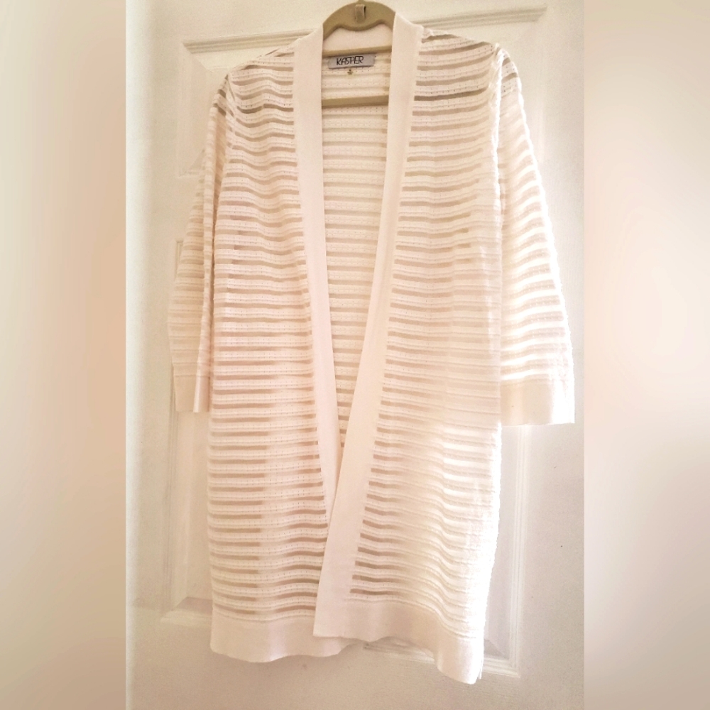 Kasper White & Metallic Knit Open Front Cardigan Size M